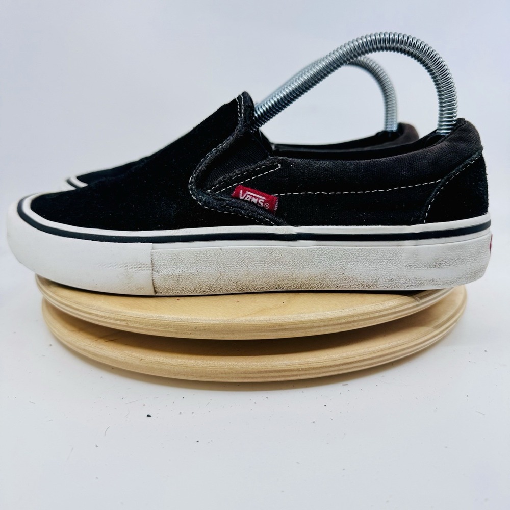 VANS Slip On Pro Mens 7 Black Suede Canvas Skate Shoes Classic Retro